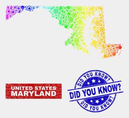 Tools Maryland State map and blue Did You Know? textured seal. Spectrum gradiented vector Maryland State map mosaic of repair parts. Blue round Did You Know? seal.
