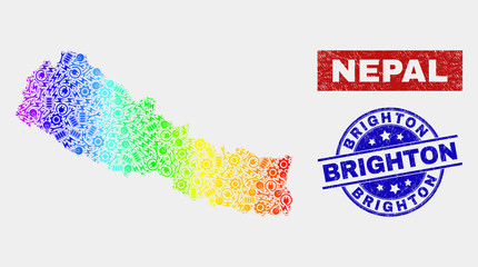 Element Nepal map and blue Brighton textured seal stamp. Colorful gradient vector Nepal map mosaic of engineering parts. Blue rounded Brighton stamp.