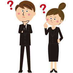 ポップな黒いスーツを着た男女がハテナ