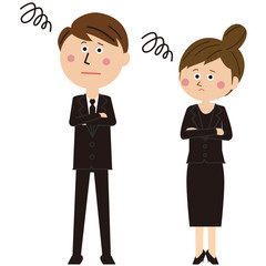 ポップな黒いスーツを着た男女が困る