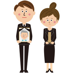 ポップな黒いスーツを着た男女が遺影と位牌を持って立っている