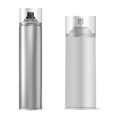 Spray Can. Aluminum Aerosol Tube. Vector Bottle. Antiperspirant or Hairspray Packaging Template. Cylinder Container for Paint, Graffiti. Shiny Air Freshener Design. Silver Tin Mock Up
