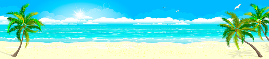 Tropical sandy beach and ocean 1. Panorama of a tropical sandy beach. Ocean coast. Landscape of the tropical coast. Sea shore landscape. Ocean, sky, sun and sand