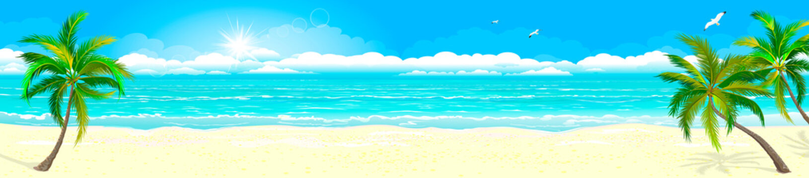 Tropical sandy beach and ocean 1. Panorama of a tropical sandy beach. Ocean coast. Landscape of the tropical coast. Sea shore landscape. Ocean, sky, sun and sand