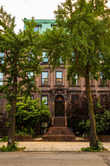 Historic brownsone building facade in Clinton Hill, Brooklyn, New York