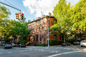 Clinton Hill, Brooklyn, United States - June 30, 2019: Historic brownstone building on beautiful...