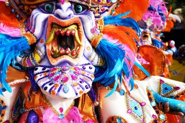 Ingelijste posters Carnaval 2018.02.17 het carnaval in de Dominicaanse Republiek, La Vega-stad. Carnaval-dansers die traditionele maskers en jurken op straat dragen tijdens de carnavalsoptocht  © Artem Onoprienko