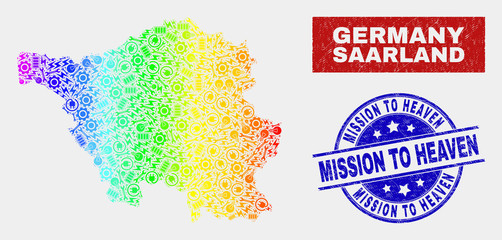 Production Saarland Land map and blue Mission to Heaven distress seal. Colorful gradient vector Saarland Land map mosaic of tools units. Blue rounded Mission to Heaven seal.