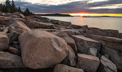 Sunset in Acadia National Park over Boulders