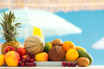 Kiosk with fresh delicious fruit at the beach