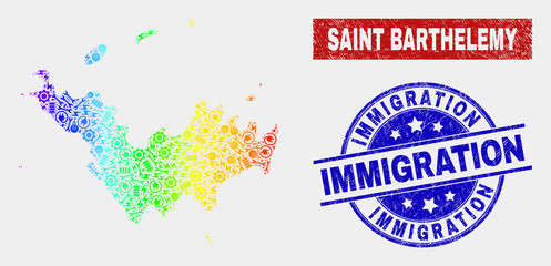 Assemble Saint Barthelemy map and blue Immigration textured seal. Colorful gradient vector Saint Barthelemy map mosaic of engineering parts. Blue round Immigration seal.