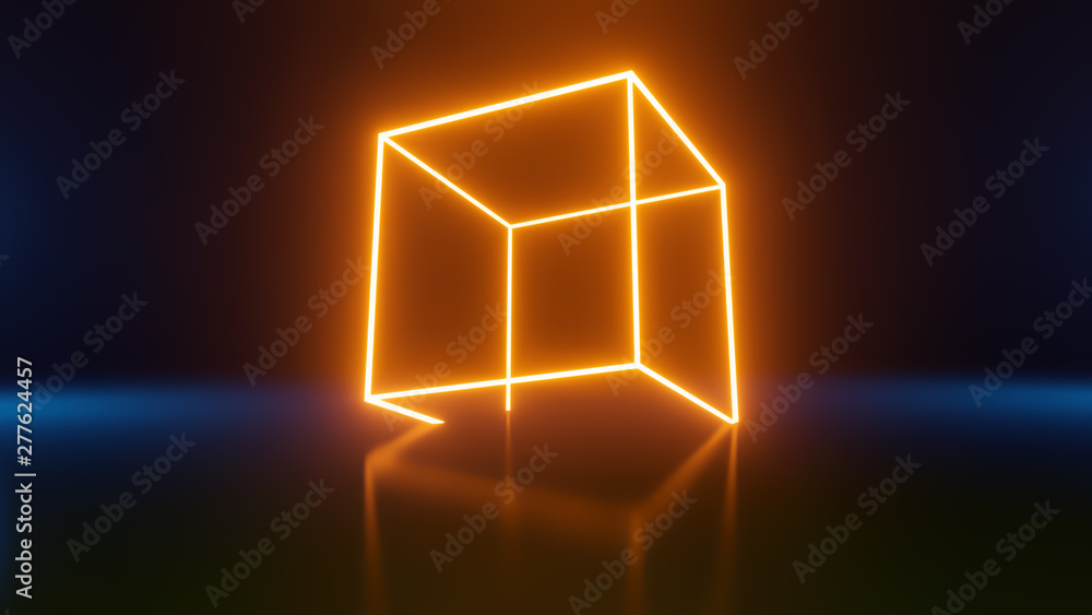 Poster futuristic sci-fi abstract orange neon light shape on black background and reflective surface with e