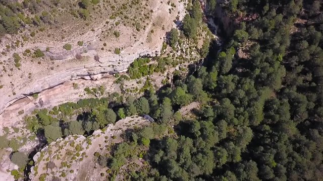 Drone flying over the throat of the Pitarque river in Teruel (Spain)