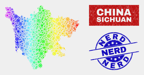 Assemble Sichuan Province map and blue Nerd distress seal stamp. Rainbow colored gradient vector Sichuan Province map mosaic of engineering elements. Blue rounded Nerd seal.