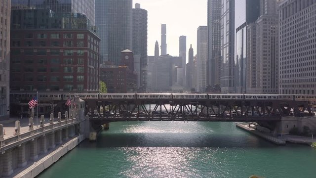 Chicago river downtown buildings skyline aerial drone flying dolly