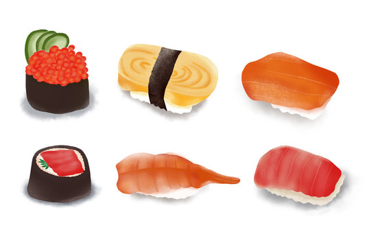Set sushi isolated on white background. Sushi with clipping path. Watercolor Japanese food.
