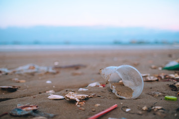 Trash, plastic, garbage, bottle, bag... environmental pollution on sandy beach. Royalty...