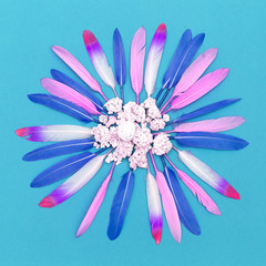Feathers. Minimal stylish flat lay fashion art