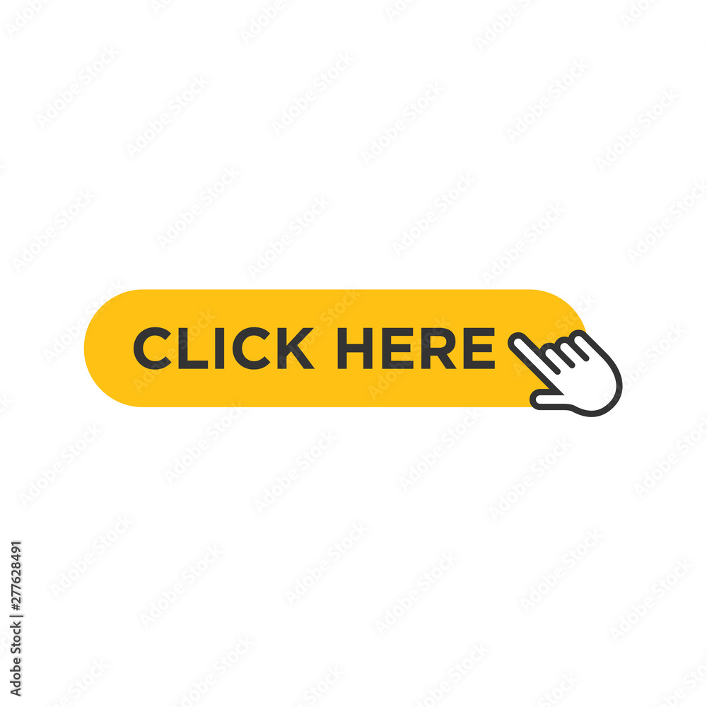 Poster click here button with hand pointer clicking icon vector sign isolated on white background illustrat