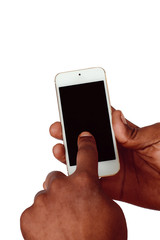 Male hand holding smartphone with blank screen.