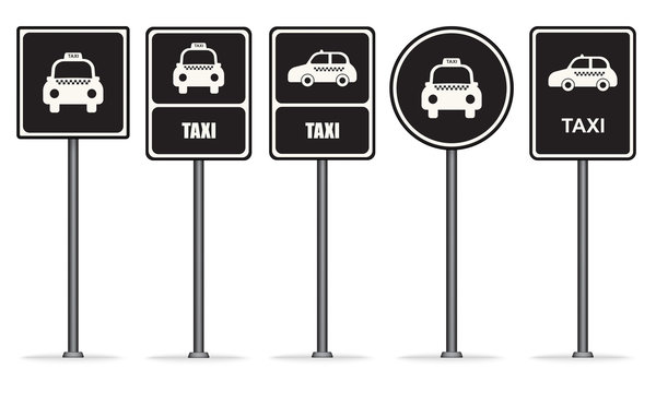 Vector illustration image set of black taxi stop road sign