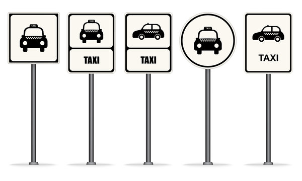 Vector illustration image set of white taxi stop road sign