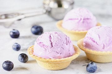 Ice Cream with Blueberry Flavor in Waffle Cup