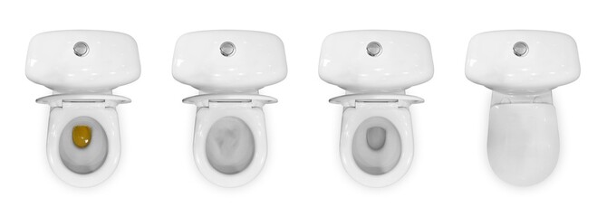 Four white ceramic toilets. The view from the top. Yellow urine. Flush the toilet. Closed and opened the lids. Close up. Isolated on white background