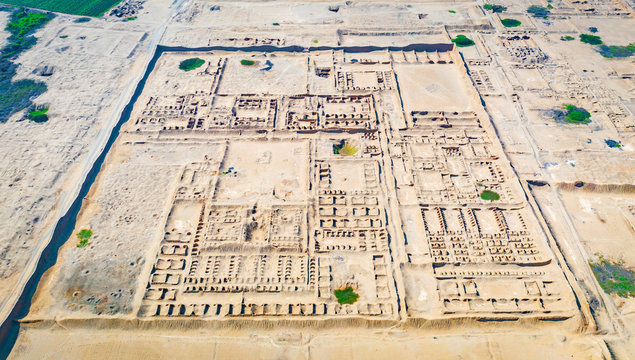 Aerial view of ancient ruins of Chan Chan in Trujillo, Peru. Archaeological site of ancient city from the Chimu culture belonging to the pre-Columbian era.