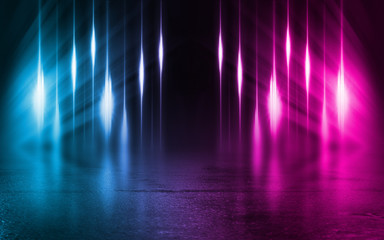 Fototapeta premium Empty background scene. Dark street reflection on wet asphalt. Rays of neon light in the dark, neon figures, smoke. Background of empty stage show. Abstract dark background.