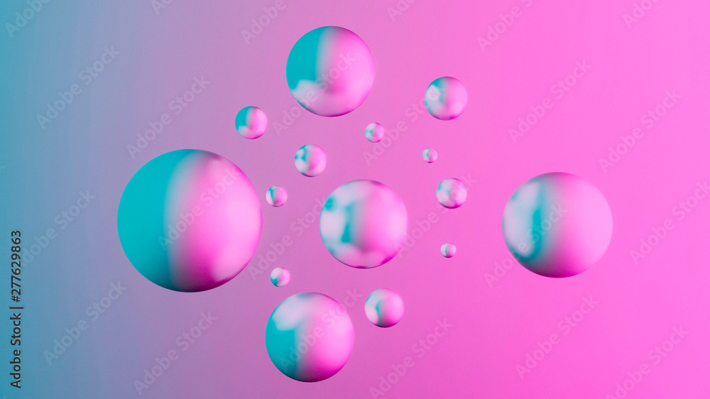 Poster abstract background with bubbles, dynamic spheres 3d illustration, 3-dimensional render background