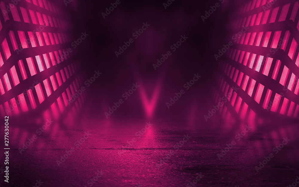 Aufkleber empty background scene. dark street reflection on wet asphalt. rays of neon light in the dark, neon 