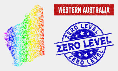 Engineering Western Australia map and blue Zero Level distress watermark. Spectral gradient vector Western Australia map mosaic of engineering components. Blue rounded Zero Level stamp.