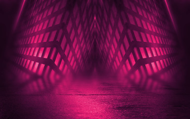Naklejka premium Empty background scene. Dark street reflection on wet asphalt. Rays of neon light in the dark, neon figures, smoke. Background of empty stage show. Abstract dark background.