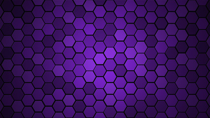 Honeycomb Grid tile random background or Hexagonal cell texture. in color Proton purple or violet with dark or black gradient. Tecnology concept. with 4k resolution.