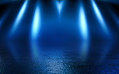 Empty background scene. Dark street reflection on wet asphalt. Rays of neon light in the dark, neon figures, smoke. Background of empty stage show. Abstract dark background.