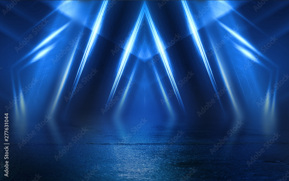 Poster Empty background scene. Dark street reflection on wet asphalt. Rays of neon light in the dark, neon figures, smoke. Background of empty stage show. Abstract dark background.