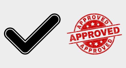 Vector yes tick pictogram and Approved seal stamp. Red rounded scratched seal stamp with Approved caption. Vector composition for yes tick in flat style. Black isolated yes tick pictogram.