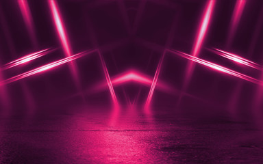 Empty background scene. Dark street reflection on wet asphalt. Rays of neon light in the dark, neon...