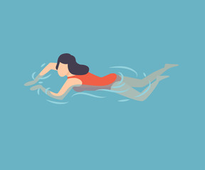 Brunette Girl in Red Swimsuit Swimming in Water, Woman Relaxing in the Sea, Ocean or Swimming Pool, Summer Outdoor Activities Vector Illustration