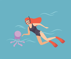 Female Diver with Scuba and Flippers Diving in Sea, Girl Doing Sports and Relaxing at Summer Vacation Vector Illustration