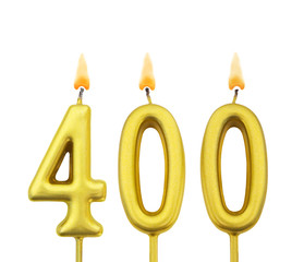 golden birthday candles isolated on white background, number 400