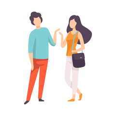Young Man and Woman Dressed in Casual Clothing Talking, People Speaking to Each Other Vector Illustration