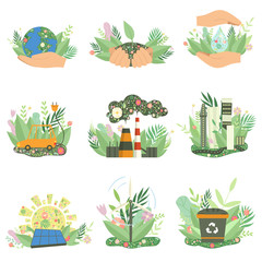 Environmental Protection, Alternative and Renewable Energy Resources Signs Set, Ecology Concept Vector Illustration