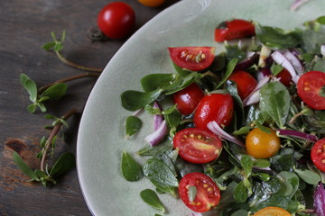 salad with purslane and cherry tomatoes.  concept of organic food from the environment. edible weeds and grass. Purslane is a useful herb. eat the weeds, wild food, eat wild food, wild greens