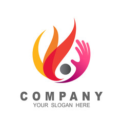 human logo and fire icon template, hand symbol, education logo
