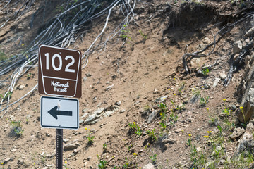 Obraz premium Santa Fe National Forest park 102 sign with arrow direction in Sangre de Cristo mountains on highway road