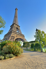 Eiffel tower in Paris view from a little path in garden of Champs de Mars