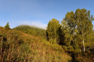 Fototapeta na wymiar Early morning in the mountains of Altai Krai. Western Siberia