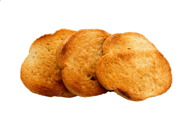 Round pieces of toasted sandwich bread on a white background. Isolated. Close-up.